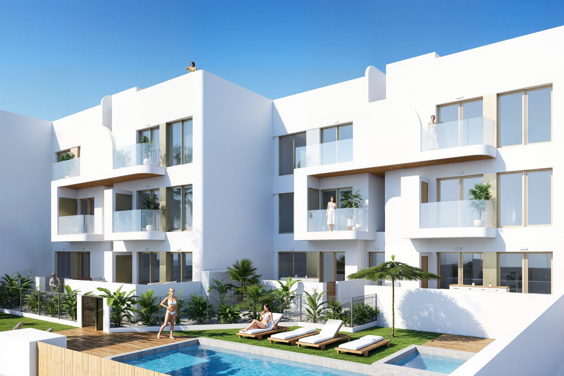 Apartamento nuevo en planta baja con vistas al mar y piscina en Los Alcázares