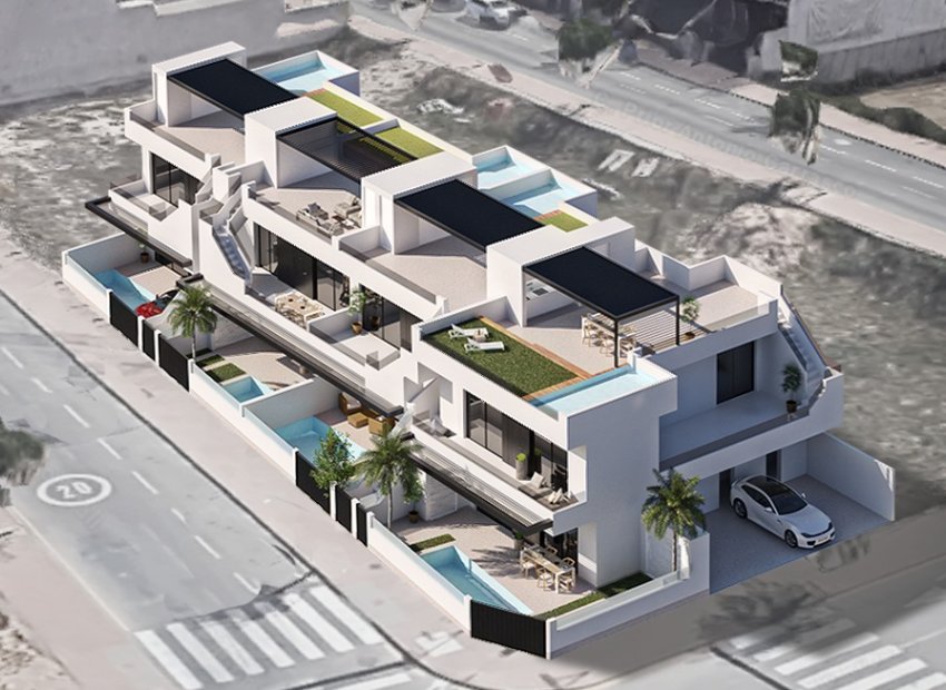 Bungalow de nueva construcción con jardín, piscina y 3 dormitorios en San Pedro del Pinatar