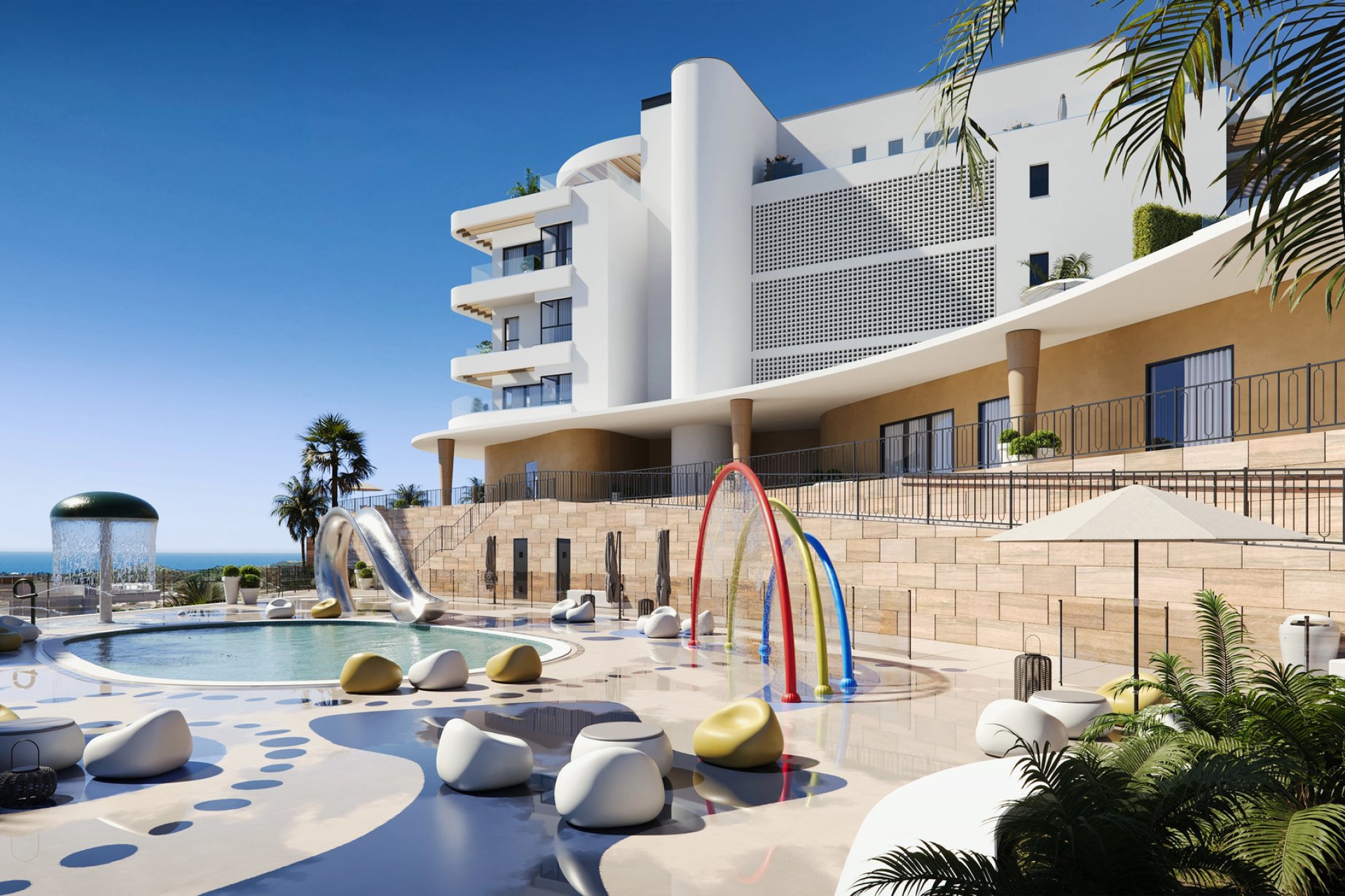 Nieuwbouw appartement met 1 slaapkamer, zeezicht en zwembad in Las Lagunas de Mijas