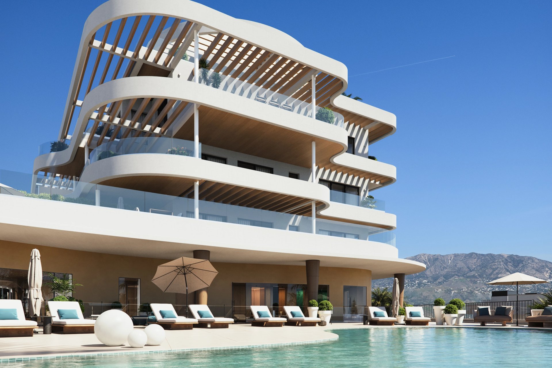 Nieuwbouw appartement met 1 slaapkamer, zeezicht en zwembad in Las Lagunas de Mijas