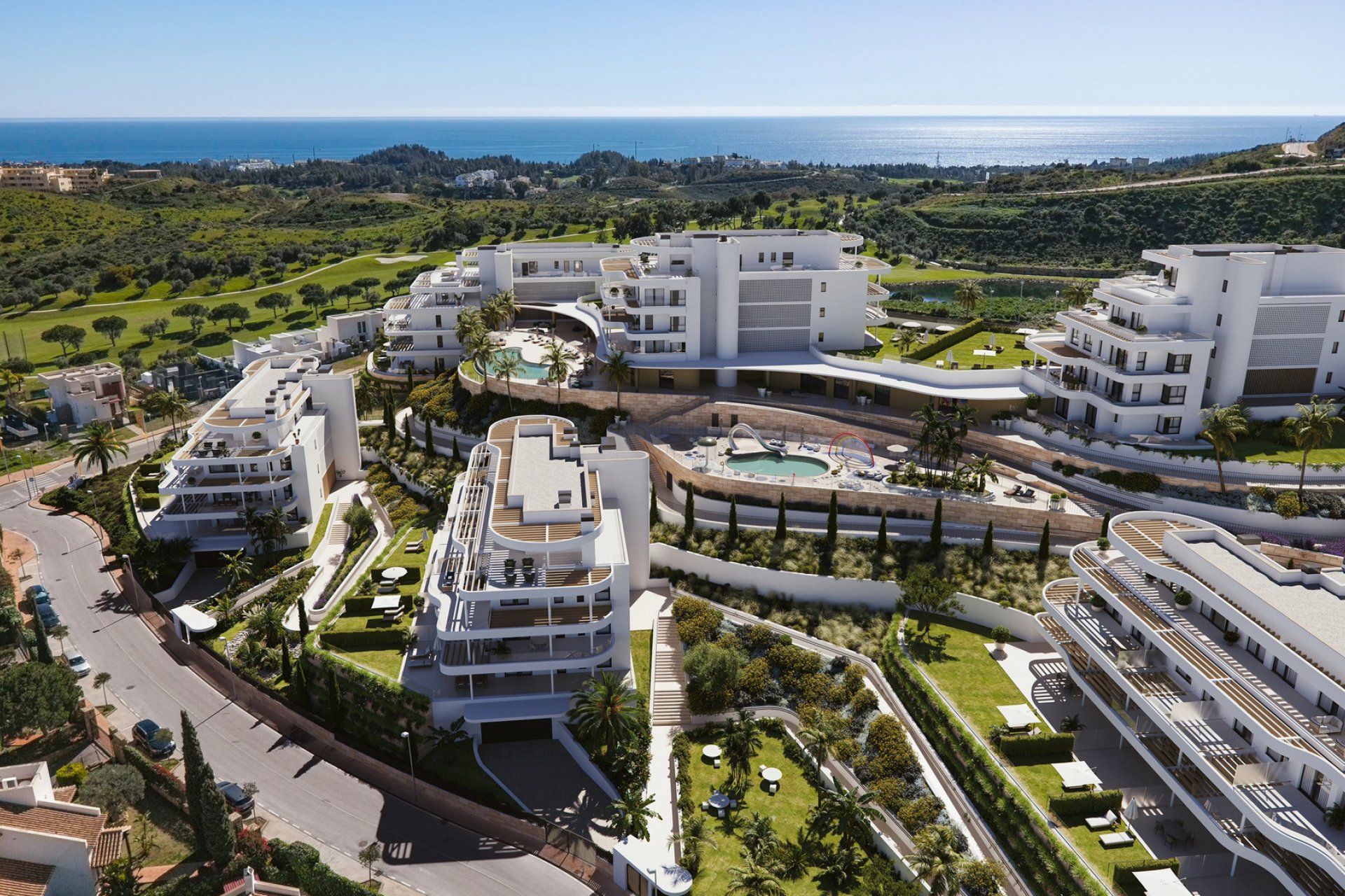 Nieuwbouw appartement met 1 slaapkamer, zeezicht en zwembad in Las Lagunas de Mijas